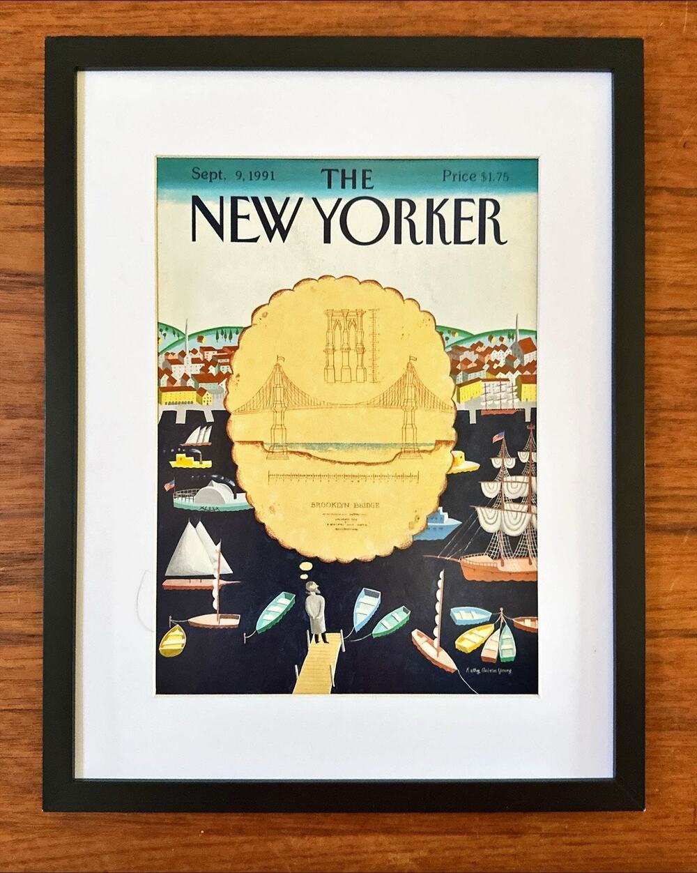 Framed 1991 The New Yorker Sept 9 Kathy Osborn Young Brooklyn Bridge